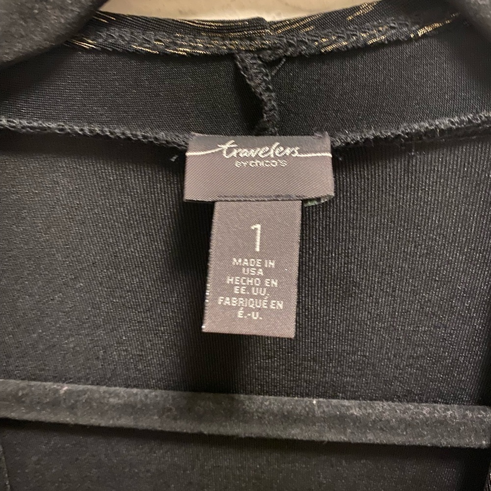 Chico's Travelers Black Open Front Cardigan With Gold Deco Print Size 1 (M) - Picture 3 of 7